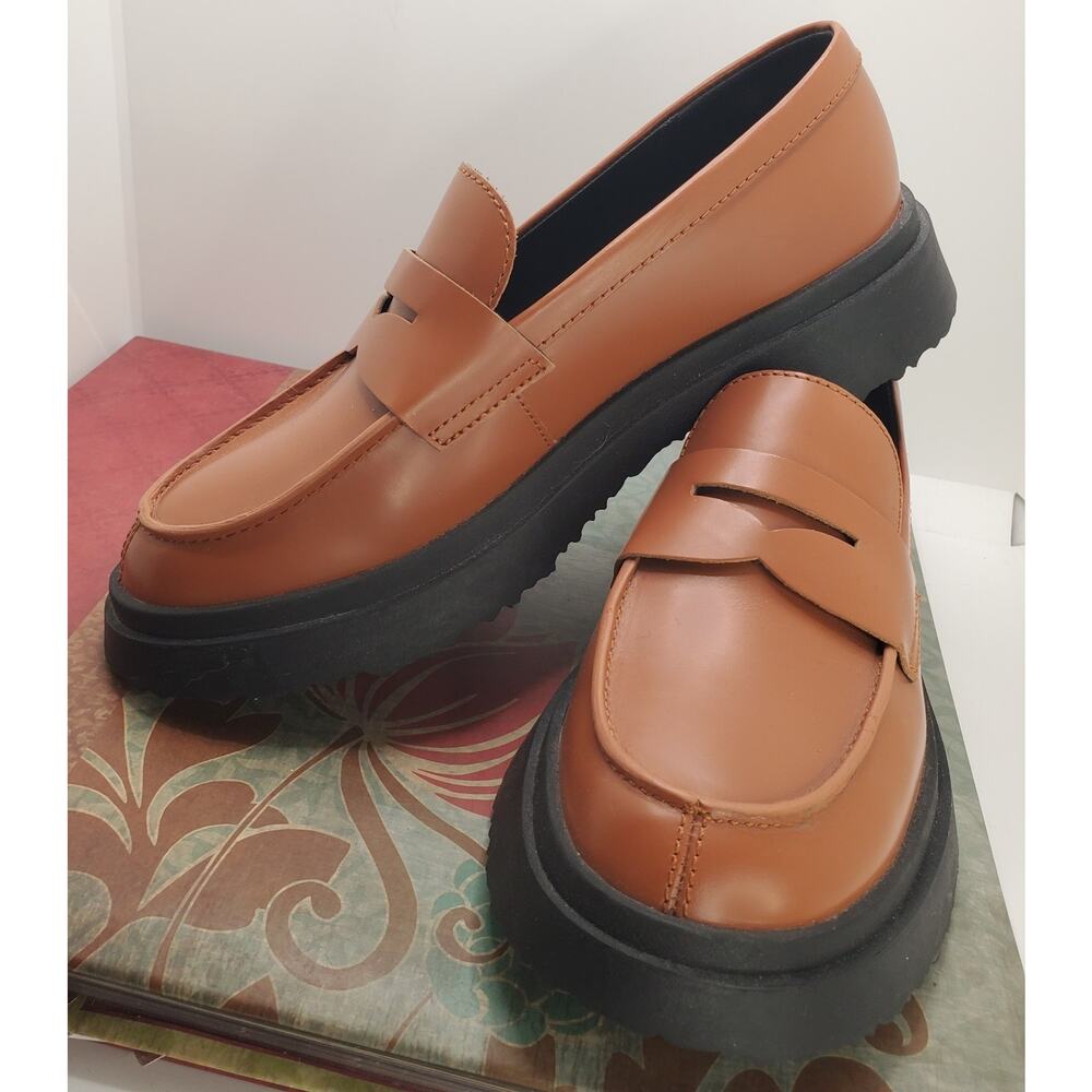 Camper Women's Tan Leather Penny Loafers with Black Lug Sole